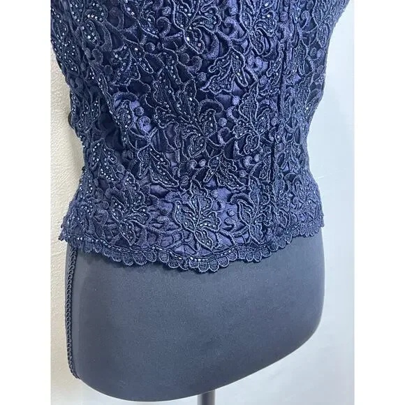 Carmen Marc Valvo Navy Lace Beaded Sleeveless Top – Size 4 - Picture 4 of 9